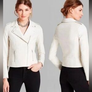 In Great Condition NYDJ Ivory Vegan Leather and Linen/Rayon Blend Moto …